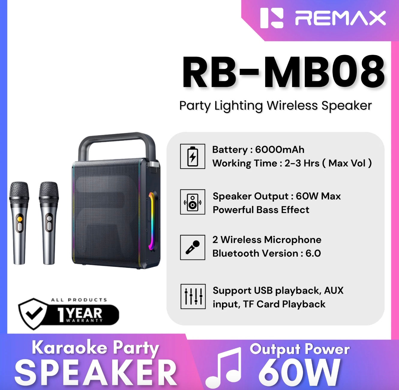REMAX - RB-MB08 Lighting Party Bluetooth Wireless Speaker ( 60W ) - Black