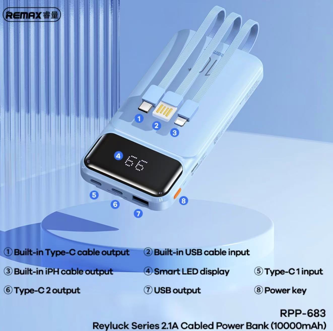 10000mAh Power Bank Reyluck Series 2.1A Cabled Power Bank